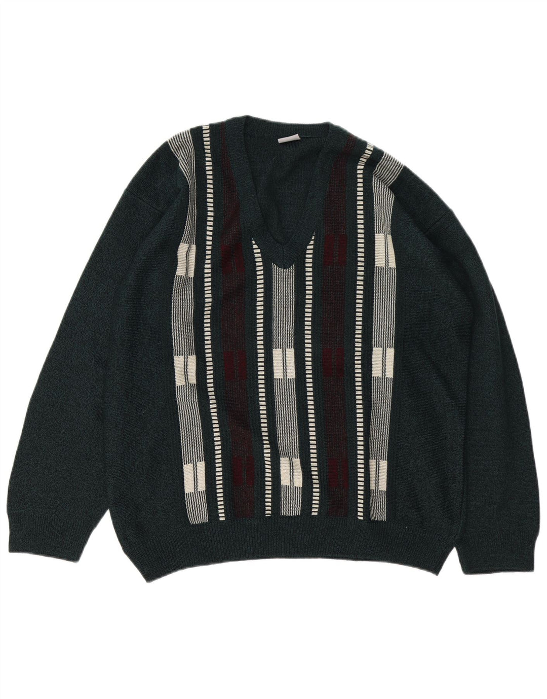 VINTAGE muški džemper s V-izrezom, veliki akril na zelene pruge