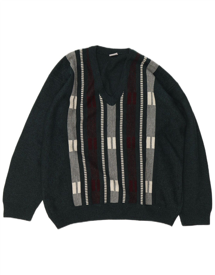 VINTAGE muški džemper s V-izrezom, veliki akril na zelene pruge