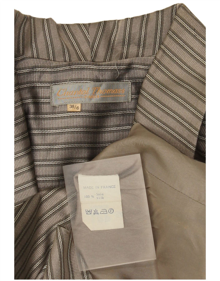 Vintage kratki ženski sako sa 2 gumba EU 38 srednje sive svile na pruge