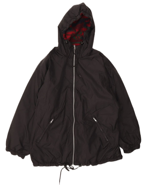 Vintage ženska jakna s kapuljačom, velika reverzibilna jakna UK 18 XL crni najlon