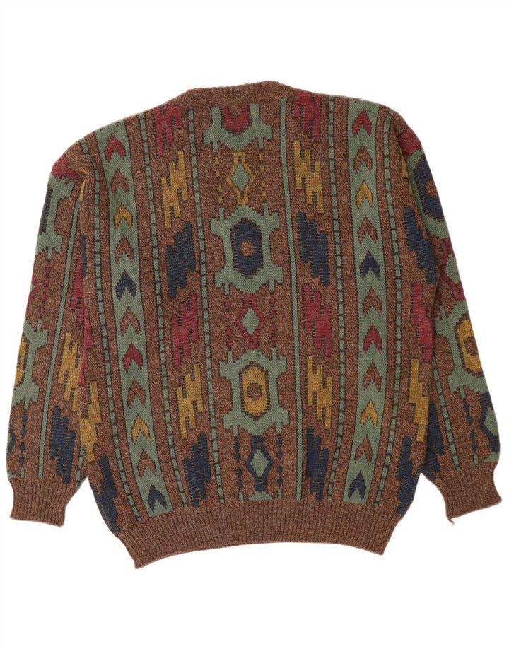 VINTAGE muški džemper s V-izrezom IT 50 srednje smeđe geometrijske boje