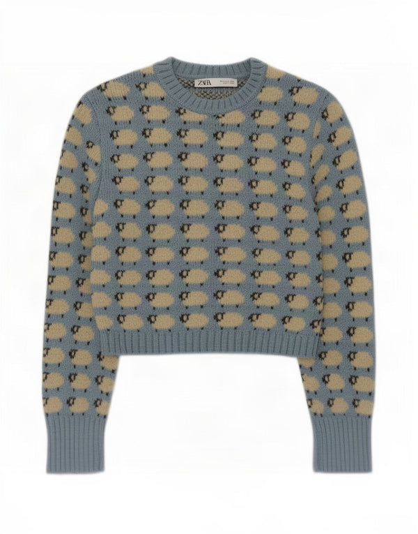 Zara ženski pulover s okruglim izrezom UK 12 Srednje plavi životinjski print