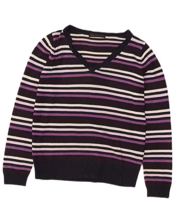 Marks & Spencer Womens V-Neck Jumper Sweater UK 10 Small Purple Striped