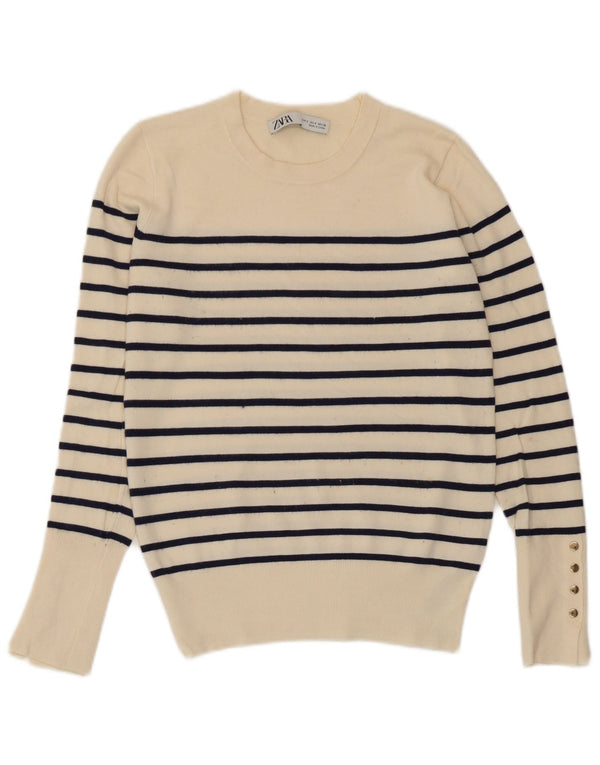 Zara ženski džemper s okruglim izrezom UK 10 Small off white prugasta viskoza