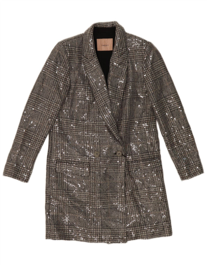 TWINSET Womens Double Breasted Coat IT 40 Small Silver Houndstooth Vintage Twinset and Second-Hand Twinset from Messina Hembry 