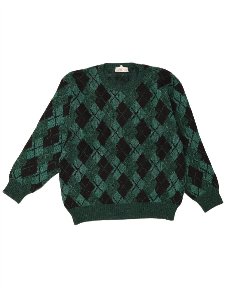 Vintage muški džemper s okruglim izrezom IT 48 Srednje zeleni Argyle/Diamond