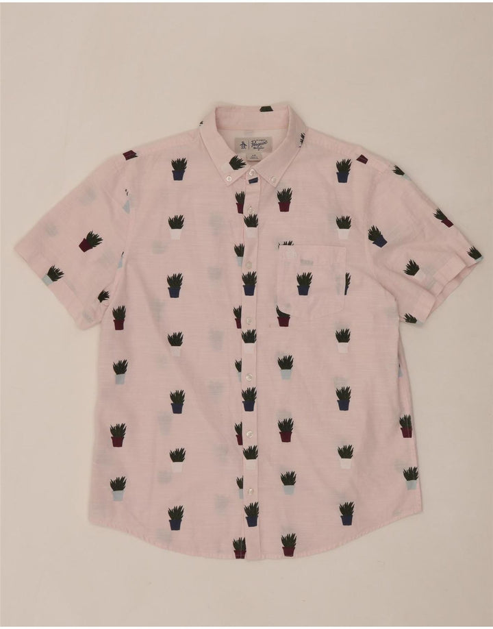 PENGUIN Mens Abstract Pattern Short Sleeve Shirt Large Pink Cotton Vintage Penguin and Second-Hand Penguin from Messina Hembry 