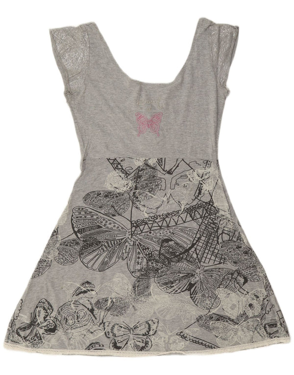 Desigual Womens Graphic A-Line Dress UK 14 Large Grey Floral Cotton