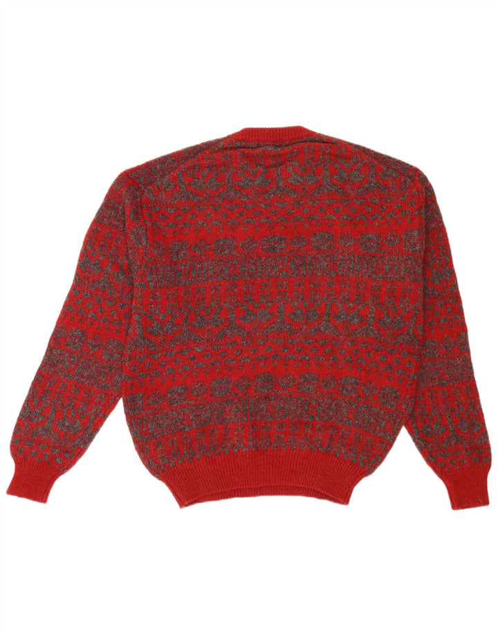 Vintage muški džemper s okruglim izrezom srednje crvene boje Fair Isle Retro