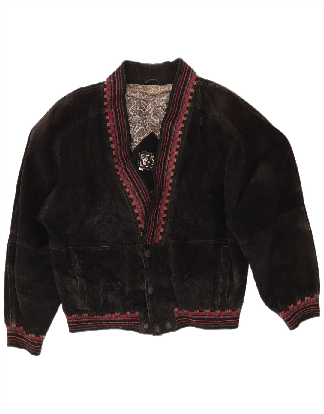 VINTAGE ženska prevelika jakna od brušene kože UK 18 XL od crne geometrijske kože