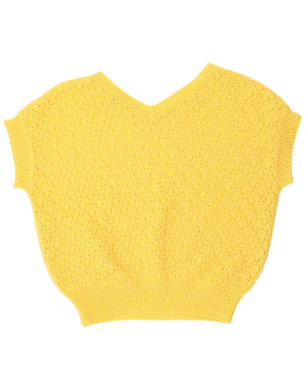 Vintage ženski heklani džemper s V-izrezom kratkih rukava UK 20 2XL žuta
