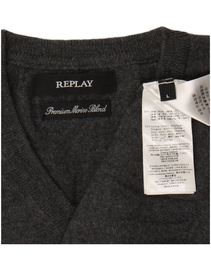 REPLAY Womens V-Neck Jumper Sweater UK 16 Large Grey Wool