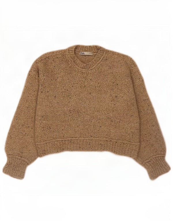 Zara Womens Crop Crew Neck Jumper Sweater UK 10 Small Beige Flecked