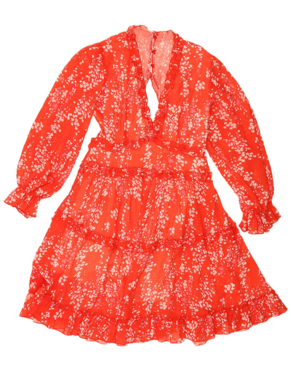 VINTAGE ženska haljina dugih rukava u više slojeva UK 12 Srednje crvena cvjetna