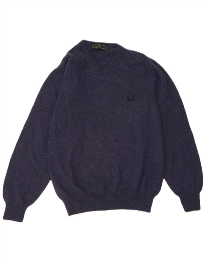 FRED PERRY Muški džemper s V-izrezom Srednji tamnoplavi vuneni