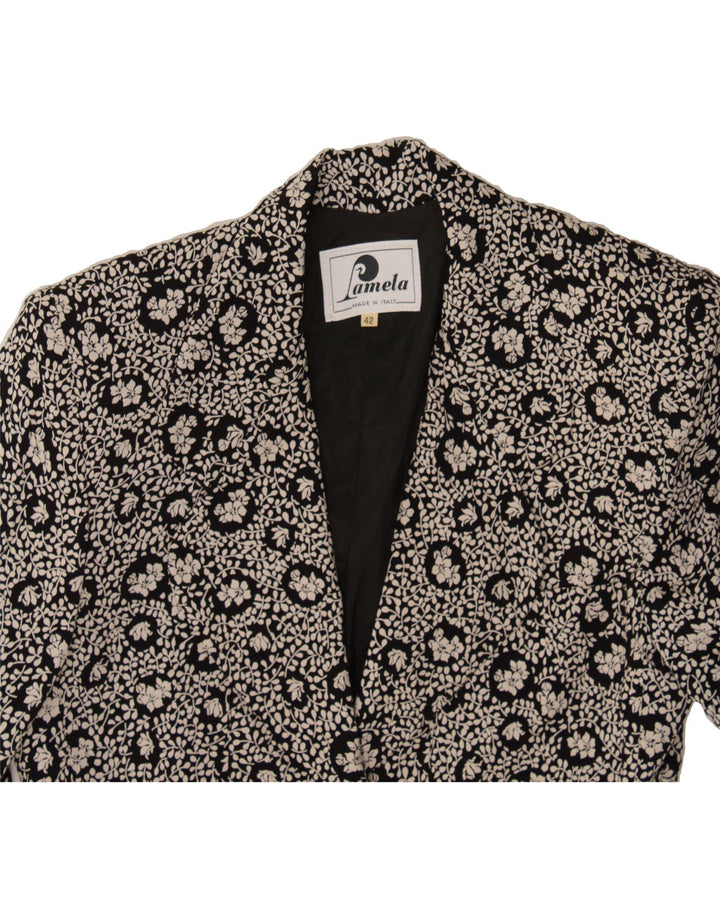 VINTAGE Womens 3/4 Sleeve 3 Button Blazer Jacket IT 42 Medium Black Floral Vintage Vintage and Second-Hand Vintage from Messina Hembry 