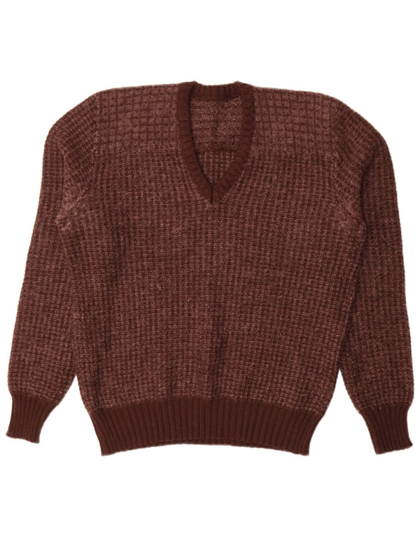 Vintage ženski džemper s V-izrezom IT 52 2XL smeđa geometrijska djevičanska vuna
