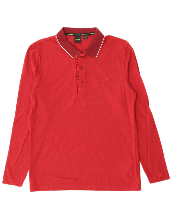 Velika crvena pamučna muška uska polo majica dugih rukava Hugo Boss