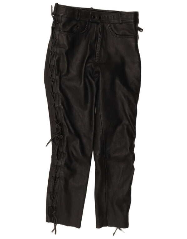 Vintage ženske ravne kožne hlače IT 52 2XL W30 L28 crna koža