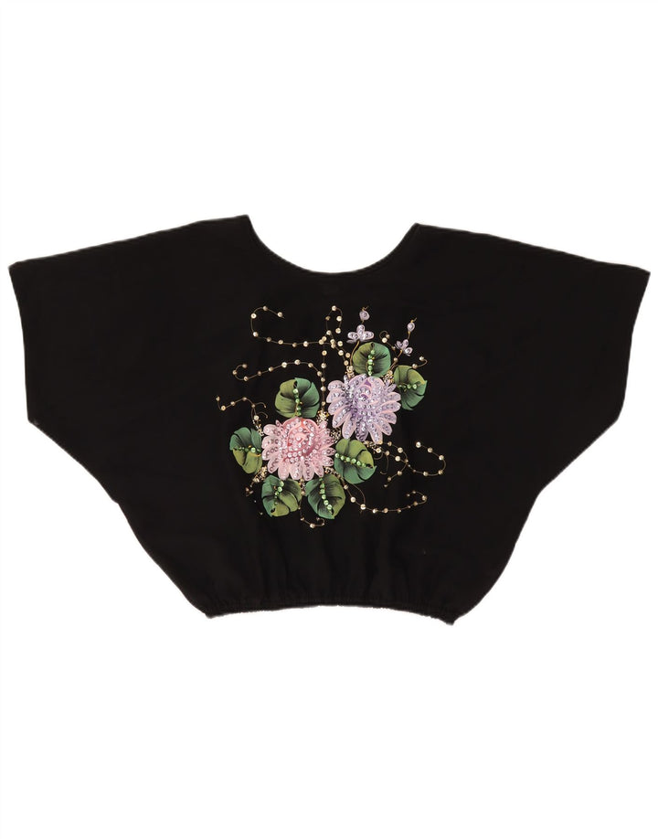 VINTAGE ženska kratka bluza s krilima šišmiša UK 18 XL crni cvjetni poliester