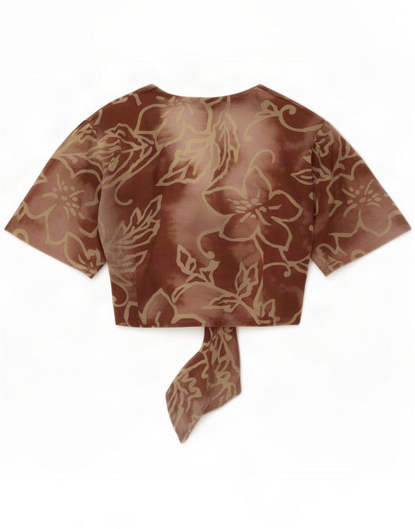 Vintage Womens Crop Front Tie Blouse Top UK 12 Medium Brown Floral