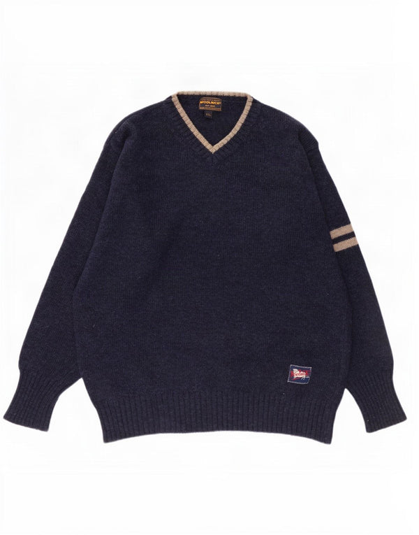 Woolrich muški džemper s V-izrezom 2XL vuneni tamnoplavi prugasti