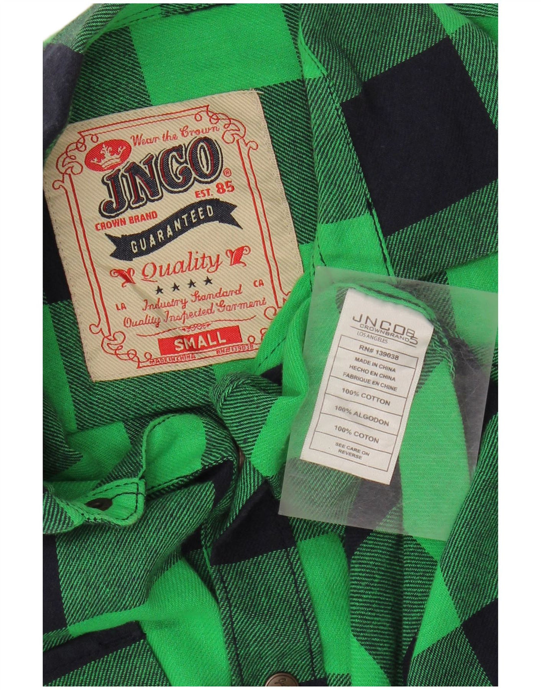 JNCO Mens Flannel Shirt Small Green Gingham Cotton Classic