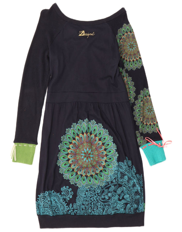 Desigual ženska haljina s mjehurićima dugih rukava UK 14 velika tamnoplava paisley boja