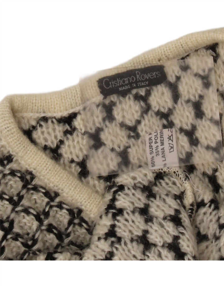 Vintage ženski džemper s V-izrezom UK 14 srednje bijele geometrije