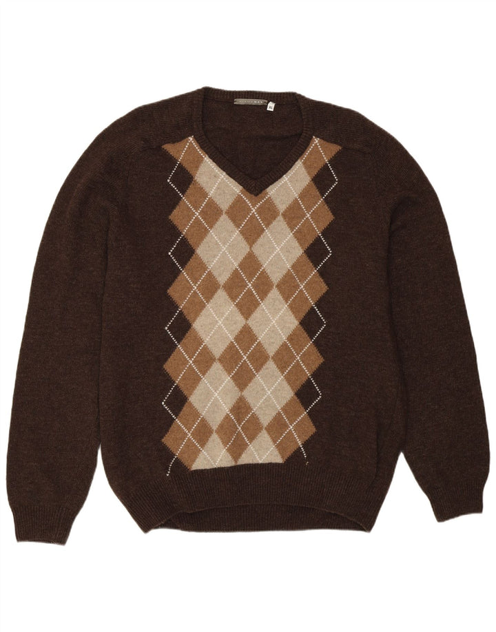Vintage muški džemper s V-izrezom XL smeđa argyle/dijamantna vuna