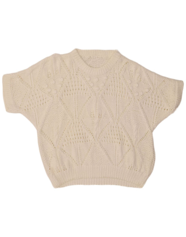 VINTAGE ženski džemper kratkih rukava s okruglim izrezom UK 18 XL bijeli pamuk