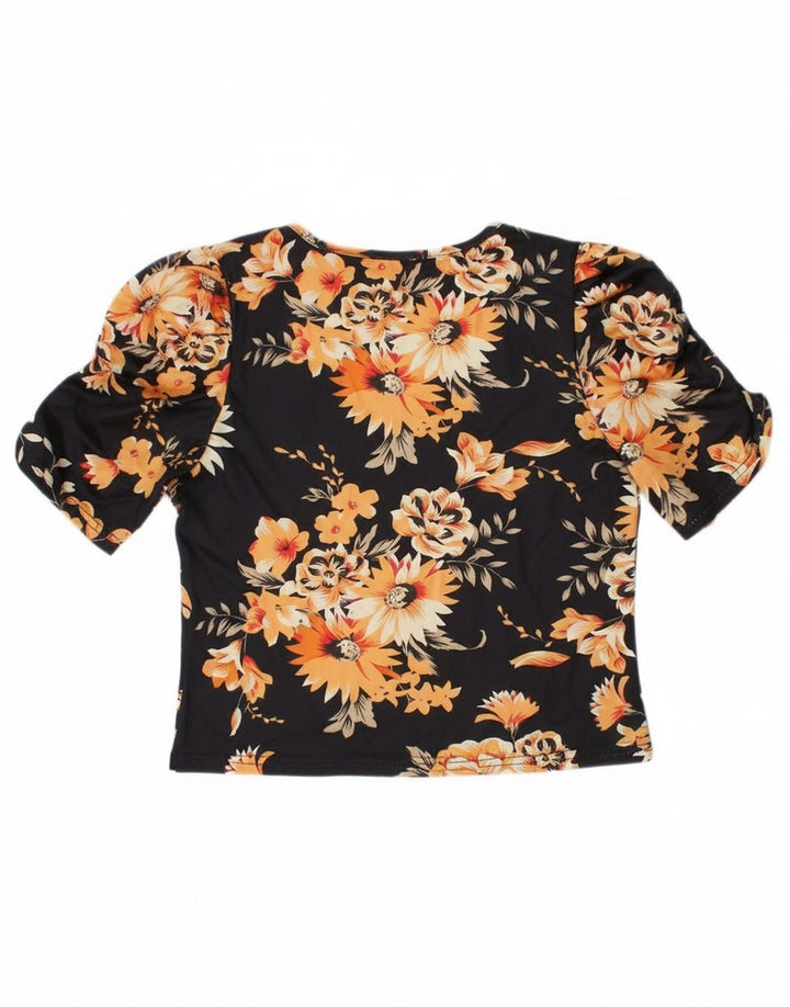 VINTAGE Womens Blouse Top UK 12 Medium Black Floral Polyester