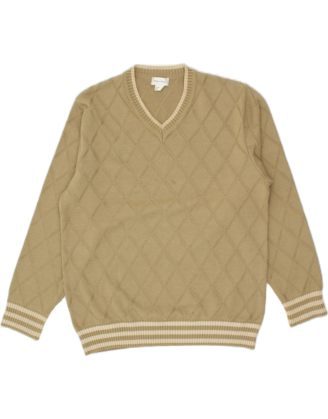 PETER HAHN Mens V-Neck Jumper Sweater UK 40 Medium Beige Argyle/Diamond Vintage Peter Hahn and Second-Hand Peter Hahn from Messina Hembry 