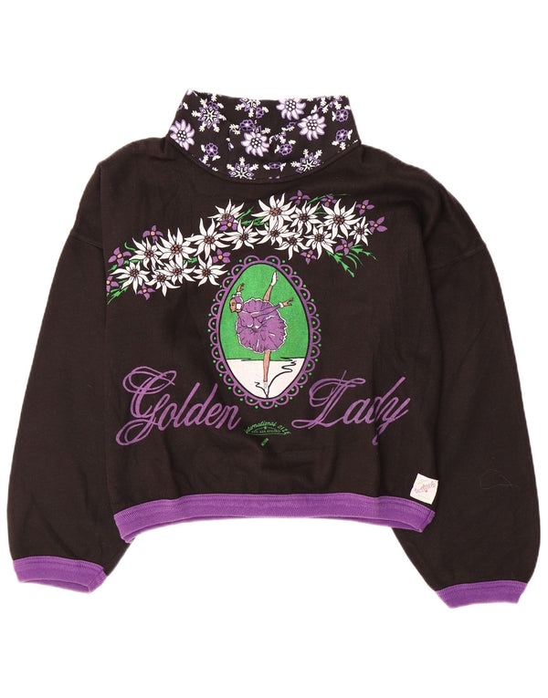 VINTAGE Ženska prekomjerna majica s kratkim rukavima UK 14 Srednje crna cvjetna