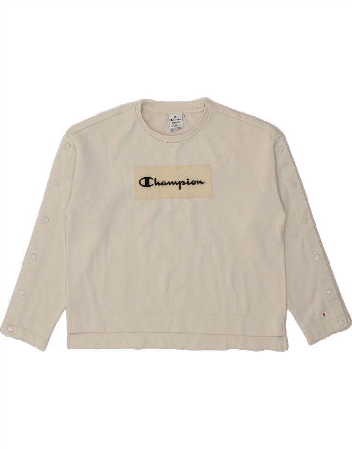 CHAMPION Womens Graphic Sweatshirt Jumper UK 14 Medium White Vintage Champion and Second-Hand Champion from Messina Hembry 