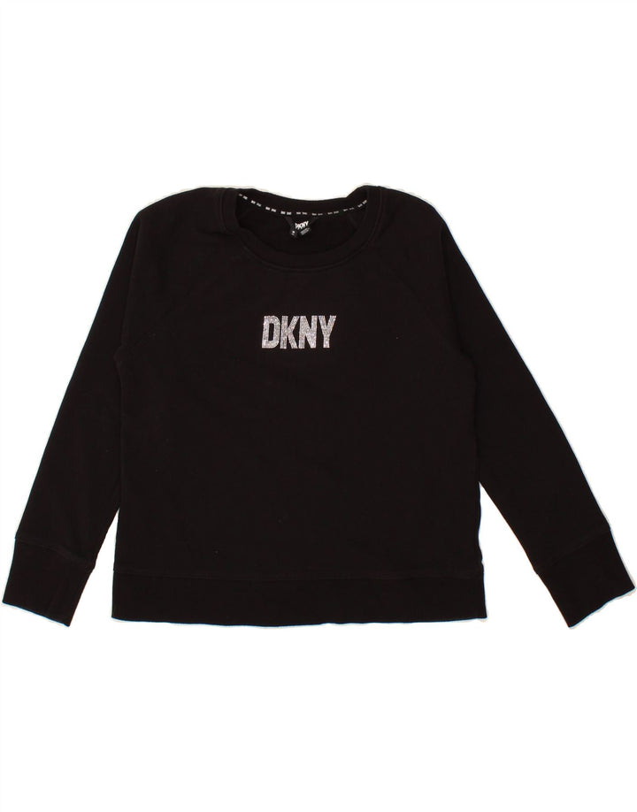 DKNY Womens Graphic Sweatshirt Jumper UK 14 Medium Black Cotton Vintage Dkny and Second-Hand Dkny from Messina Hembry 
