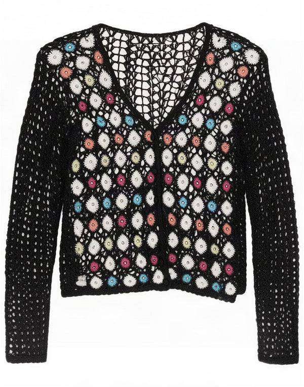 Vintage Womens Abstract Pattern Crochet Cardigan Top UK 10 Small Black
