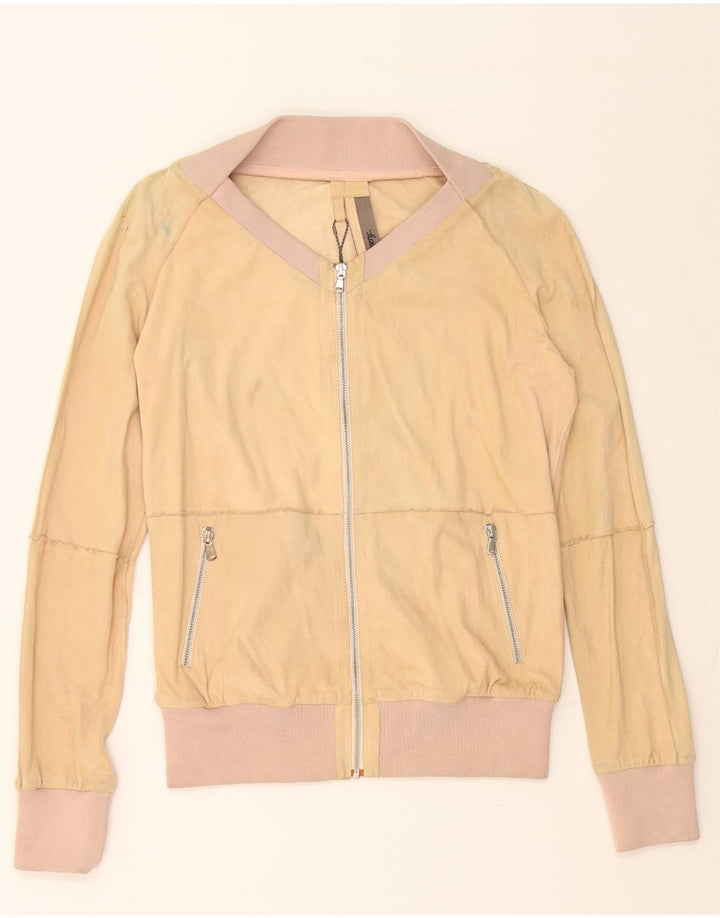 MONTGOMERY Womens Suede Bomber Jacket UK 14 Medium Beige Colourblock Vintage MONTGOMERY and Second-Hand MONTGOMERY from Messina Hembry 