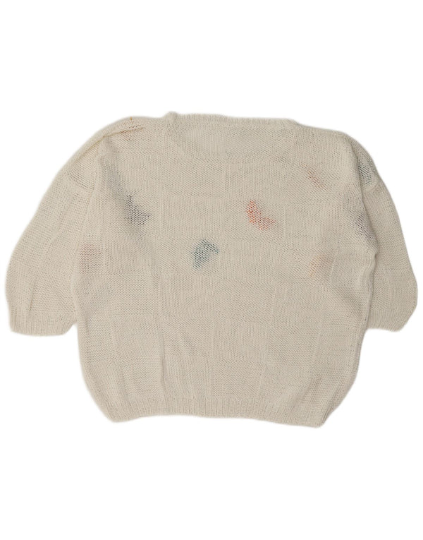 Vintage ženski džemper s veznim izrezom UK 18 XL bijeli leptir