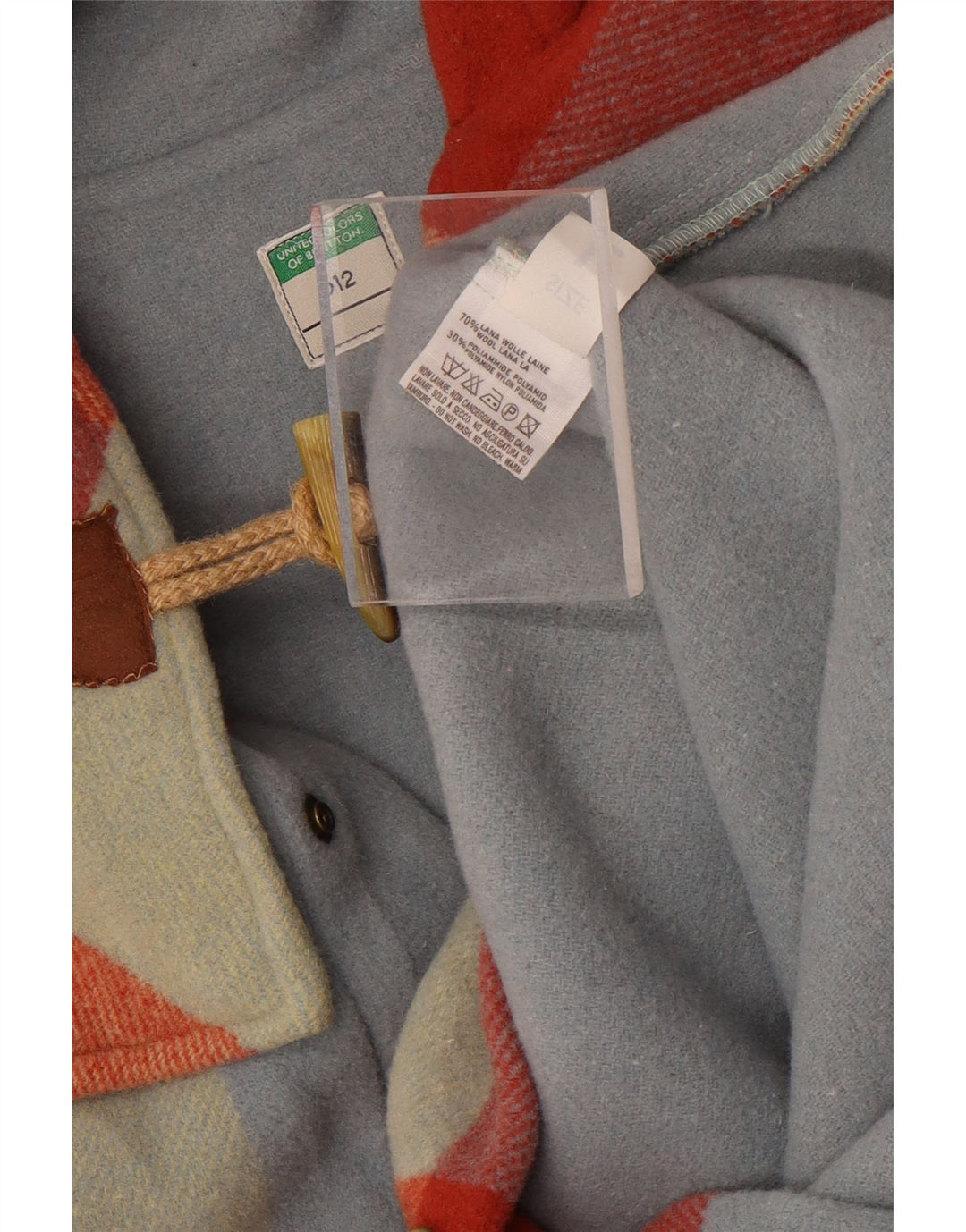 Benetton ženski duffle kaput s kapuljačom UK 16 Veliki raznobojni karirani vuneni kaput