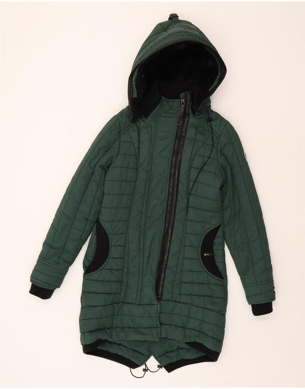 KHUJO Womens Hooded Padded Coat UK 10 Small Green Colourblock Cotton