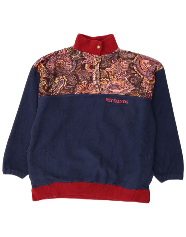 Vintage ženski flis džemper s dugmadima i ovratnikom UK 20 2XL tamnoplavi retro paisley