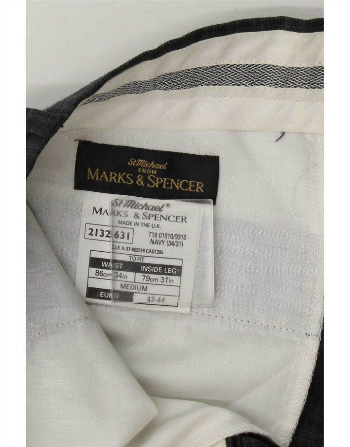 Marks & Spencer muške hlače uskog odijela W34 L31 mornarsko plava karirana vuna