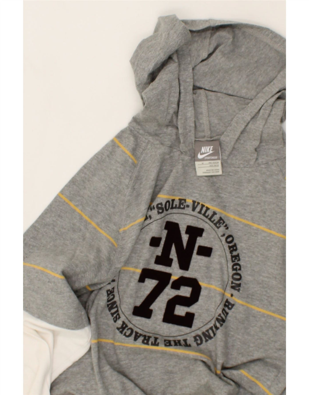 NIKE Boys Hooded Graphic Top Long Sleeve 10-11 Years Medium Grey Striped Vintage Nike and Second-Hand Nike from Messina Hembry 