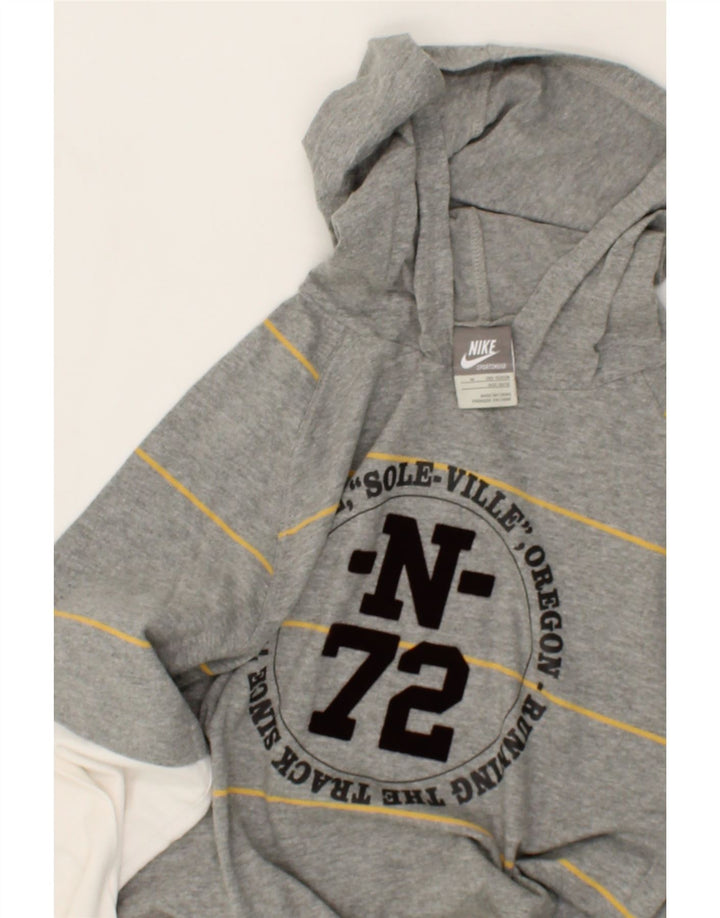 NIKE Boys Hooded Graphic Top Long Sleeve 10-11 Years Medium Grey Striped Vintage Nike and Second-Hand Nike from Messina Hembry 
