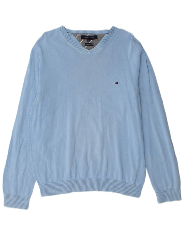 Tommy Hilfiger Mens V-Neck Jumper Sweater Large Blue Cotton
