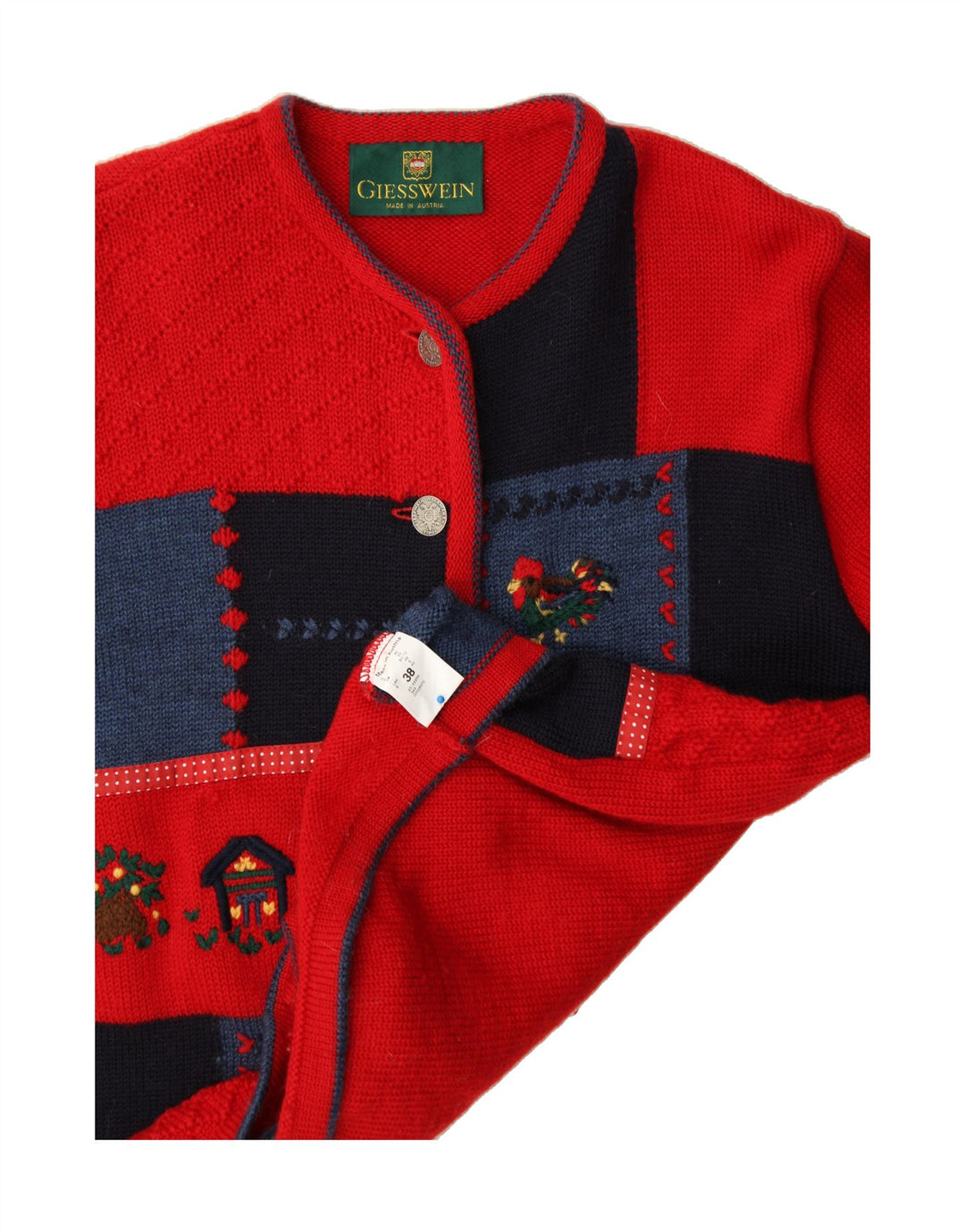 GIESSWEIN ženski kardigan džemper UK 12 srednje crvene patchwork djevičanske vune