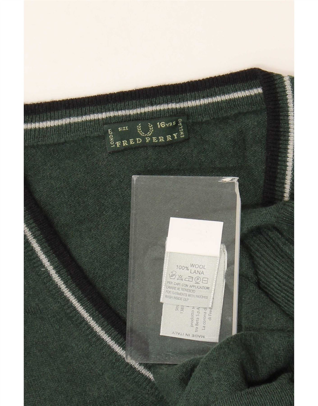 Zeleni vuneni pulover Fred Perry za dječake s V-izrezom 15-16 godina