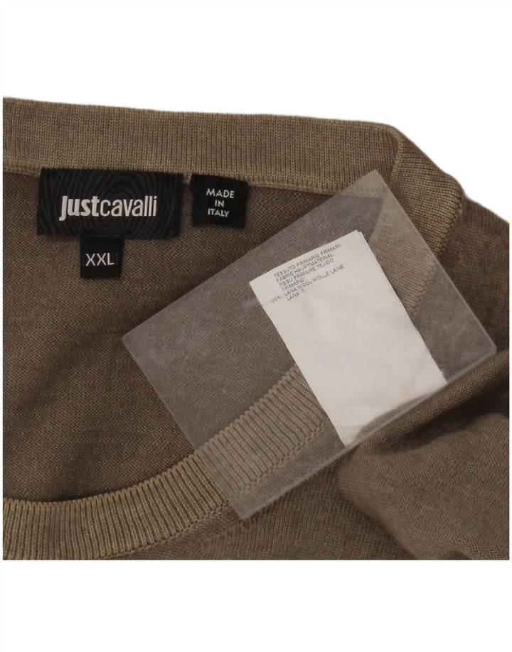 JUST CAVALLI Mens Crew Neck Jumper Sweater 2XL Khaki Wool