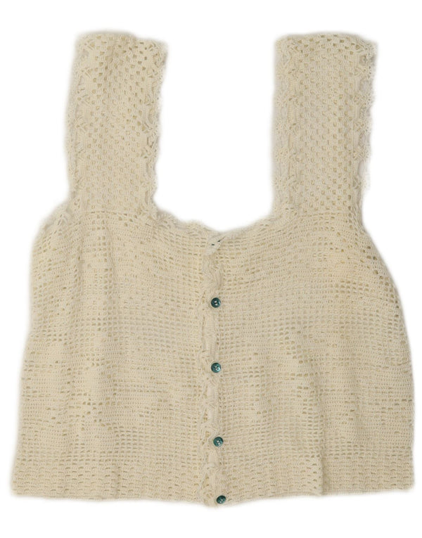 Vintage heklani ženski kratki top bez rukava UK 12 srednje bijele boje